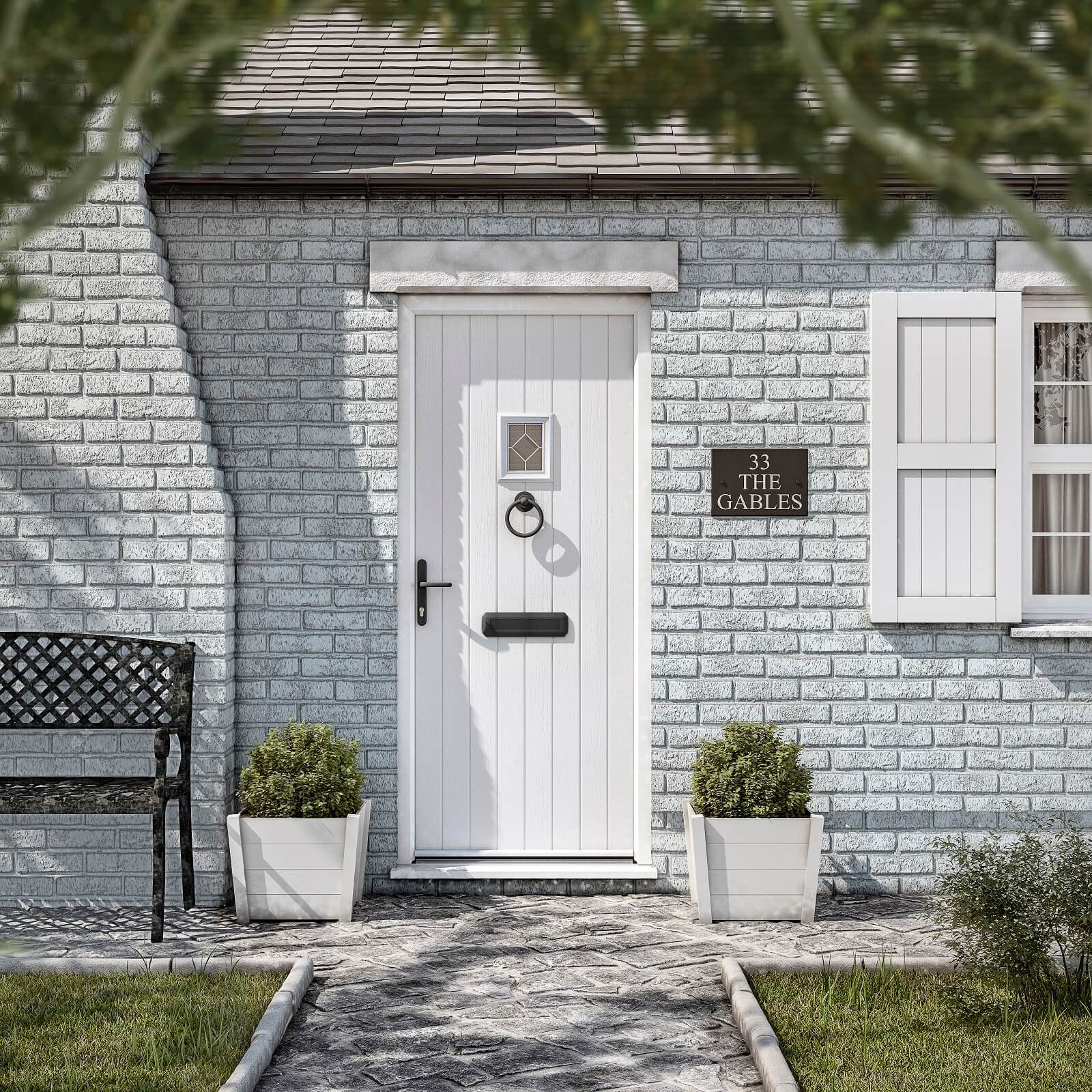 White cottage front door